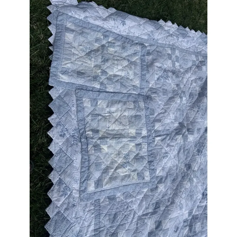 Vintage Laura Ashley Blue White Patchwork Quilt Full Queen 2 Shams 1990s